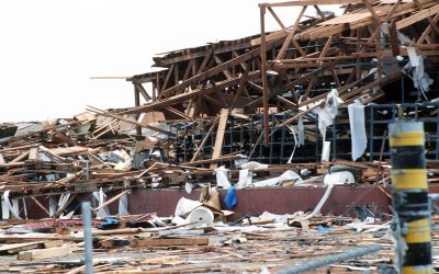 An overview of a warehouse destroyed by Hurricane Gilbert at the San Antonio Air Logistics Center.